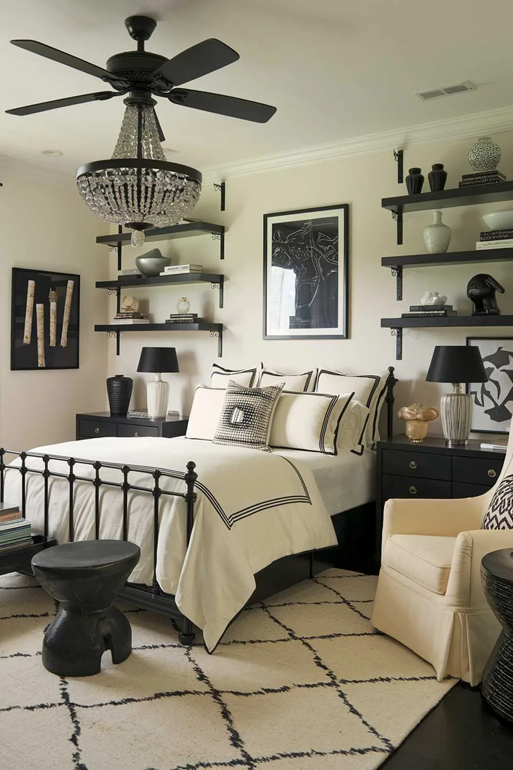 A cozy black and cream bedroom design and decor. The room has a black ceiling fan and a black chandelier. There are black shelves on the wall, a black lamp on the nightstand, and a black stool near the bed. The bed has cream bedding and is placed on a black rug. There's a cream chair in the room. The walls have some artwork. The floor has a cream area rug.