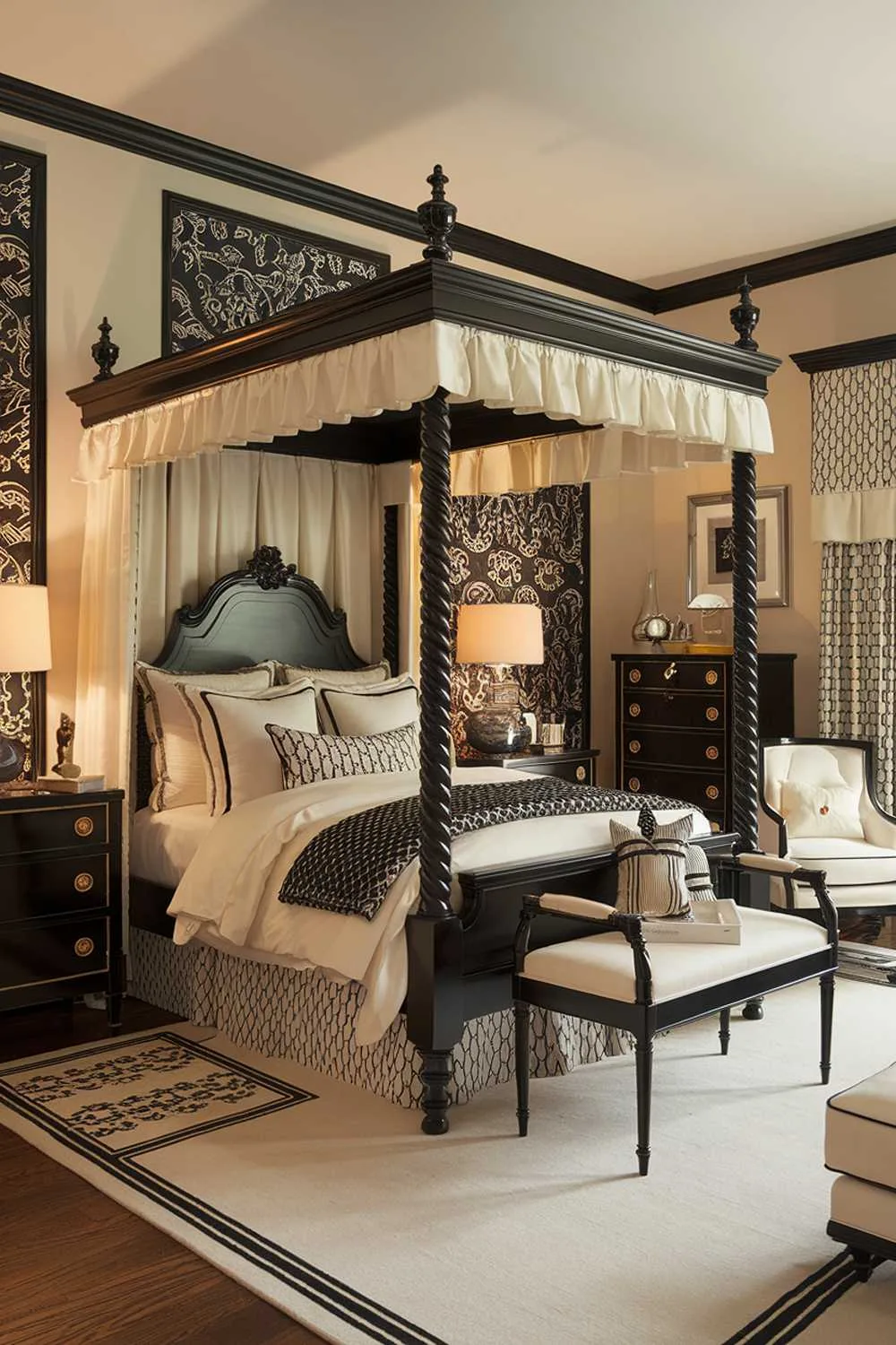 A black and cream bedroom design and decor. The room has a black four-poster bed with cream linens and pillows. There's a black dresser with cream knobs and a small black table with a cream lamp. The floor is covered with a cream rug. The walls have black and cream patterns. There's a cream chair in the corner. The room has a black and cream patterned curtain. The lighting is warm.