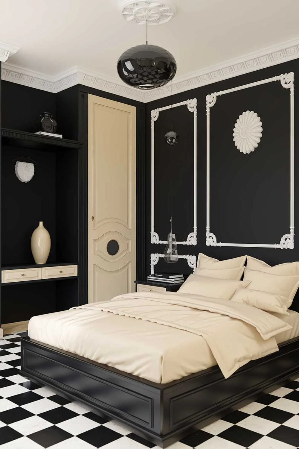 A black and cream bedroom design and decor. The room has a black platform bed with cream pillows and a black light fixture hanging above the bed. There is a black wardrobe with a cream door and a black shelf with a cream vase. The walls are painted black and have cream decorative elements. The floor is made of black and white checkered tiles.