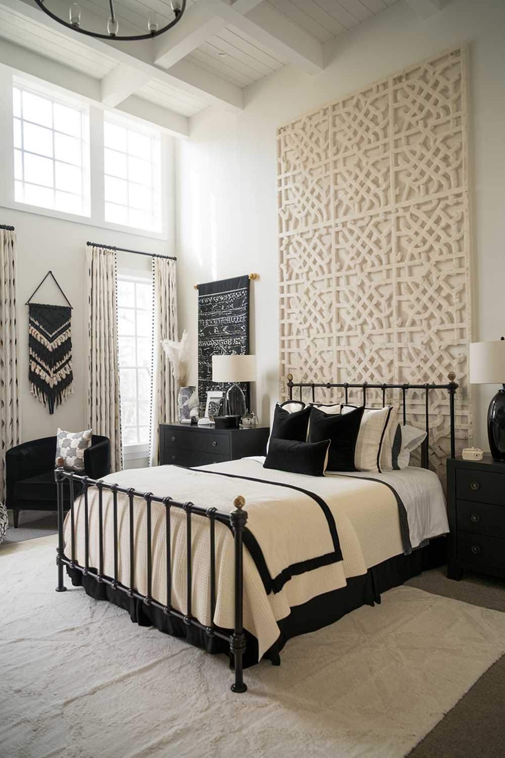 A black and cream bedroom design and decor. The room has a high ceiling and is filled with natural light. There's a black bed with a cream blanket and a few black pillows. On the wall above the bed, there's a large, intricate cream patterned wall decal. There's a black dresser with a cream lamp beside the bed. The floor is covered with a cream rug. There's a black chair in the corner. The room has a few black and cream decor items, including a wall hanging and a decorative piece on the dresser.