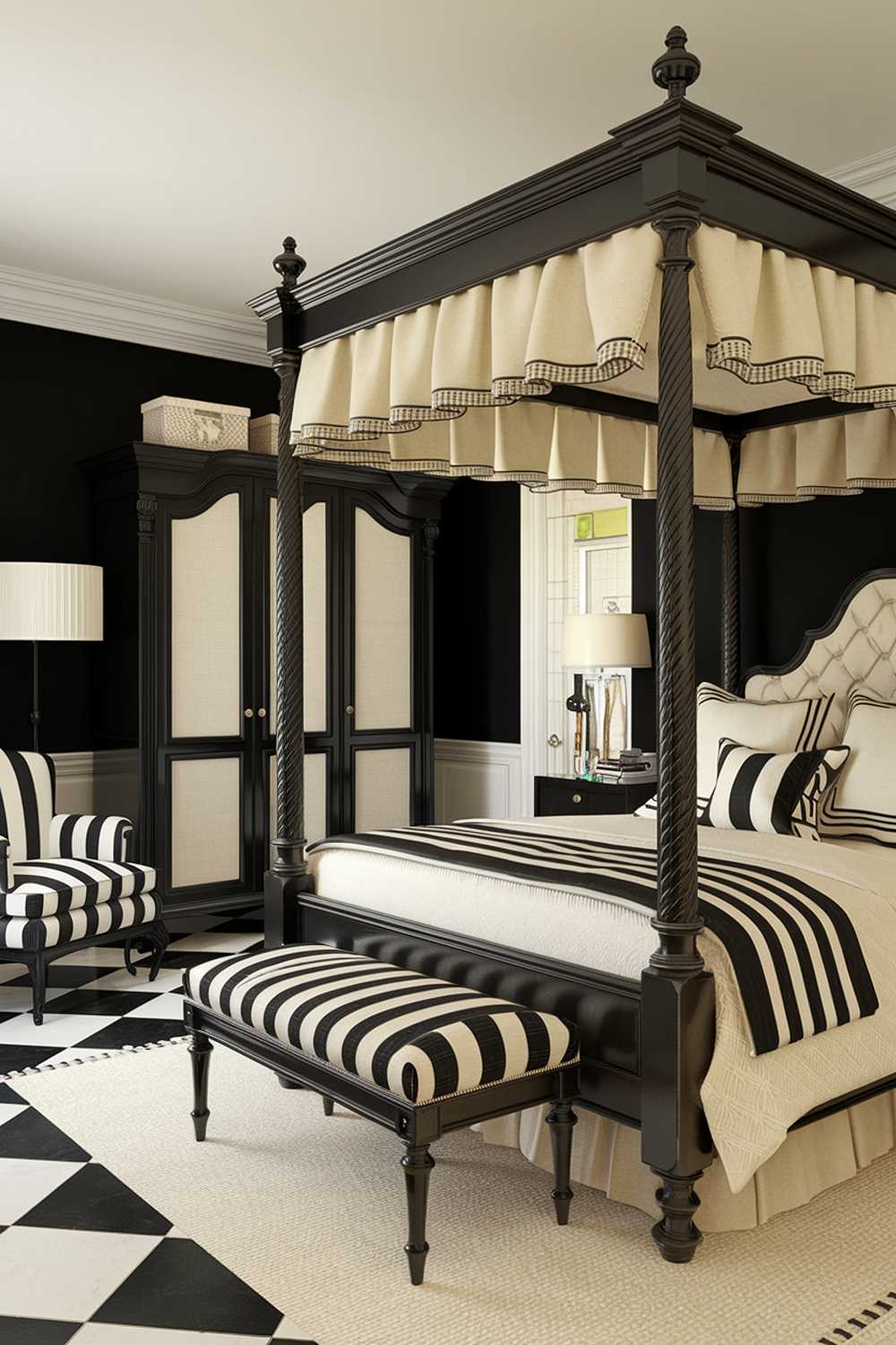 A black and cream bedroom design and decor. The room has a black wooden canopy bed with cream bedding and a black and cream striped throw pillow. There is a black wardrobe with a cream door and a black and cream striped chair. The walls are painted black. The floor is made of black and cream checkered tiles. There is a white lampshade on a black stand near the bed. The room has a cream area rug.