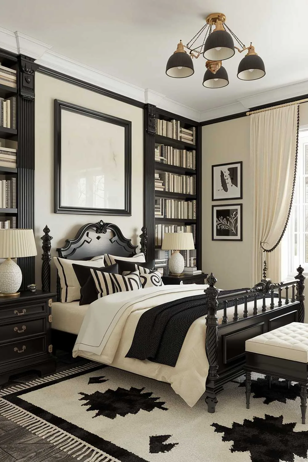 A black and cream bedroom design and decor. The room features a black wooden bed with cream bedding and pillows. There is a black wooden nightstand beside the bed with a cream lamp. The wall behind the bed has a large black frame with a cream background. The room has a black rug on the floor. The wall opposite the bed has a black bookshelf filled with cream books, and a large black frame with a cream background. The room has a cream curtain on the window. The floor has a black and cream patterned rug. The ceiling has a black light fixture with cream shades.