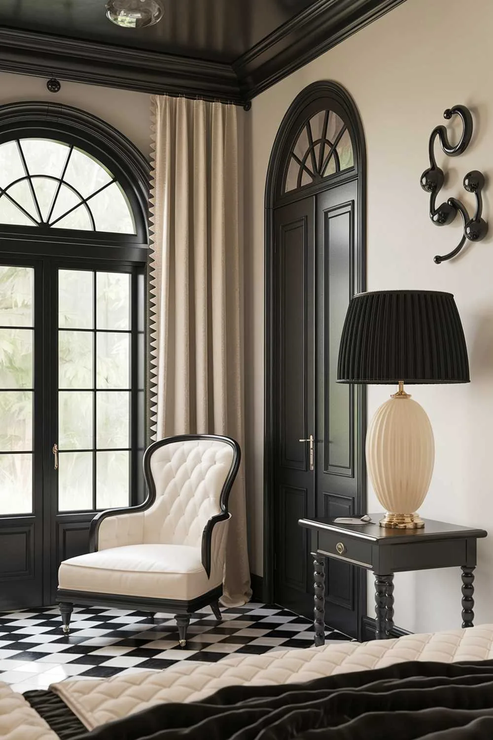 A cozy black and cream bedroom design and decor. The room has a black ceiling and a black wall with a large, arched window. The window has cream curtains and is next to a black door. There's a black lampshade on a cream lamp on a black table. A cream chair with black legs is placed near the wall. The floor is black and white checkered.