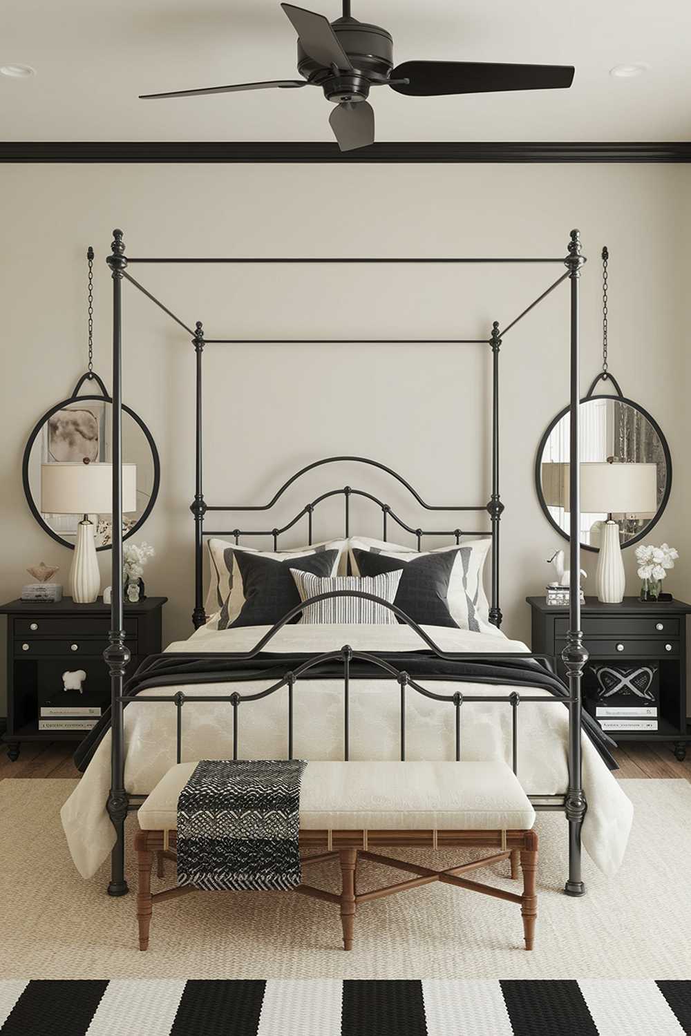 A black and cream bedroom design and decor. There is a black metal bed frame with a cream mattress. The bed is placed against a cream wall. There is a black bedside table on each side of the bed. The bedside tables have cream lamps and cream decorative items. The floor is covered with a cream rug. There is a black and cream striped rug in front of the bed. The room has a black ceiling fan. The room has a few black and cream decorative items.