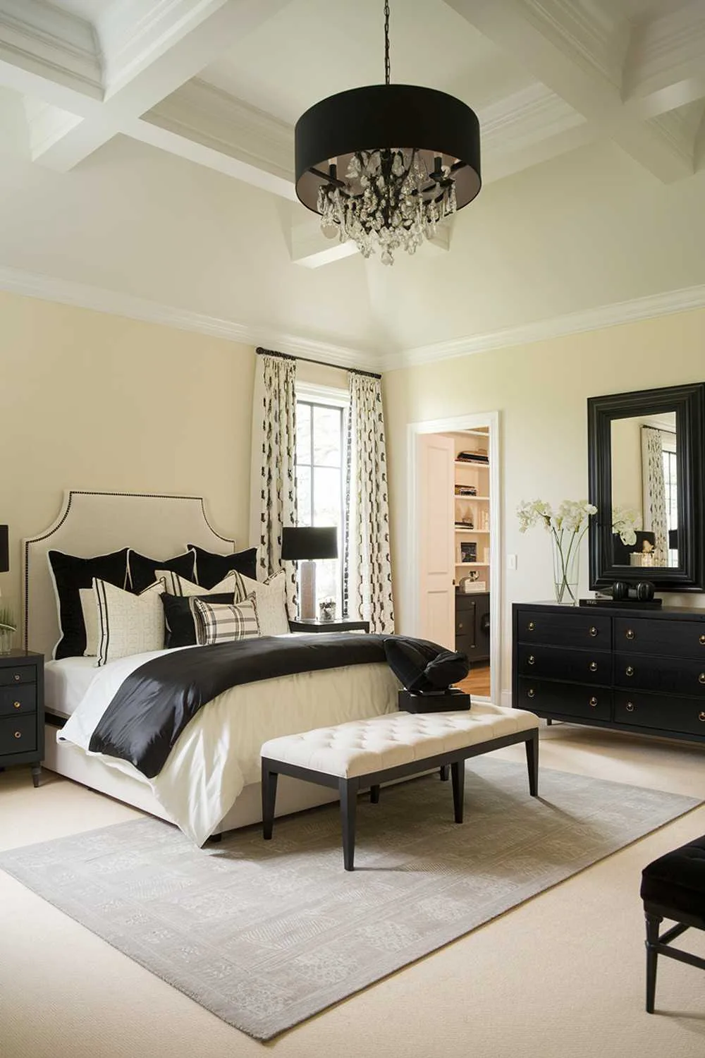 A black and cream bedroom design and decor. The room has a high ceiling lit by a large black chandelier. The bed is dressed in black and cream bedding and is placed against a cream wall. A black dresser and a black mirror frame against the opposite wall. The floor is covered in cream carpeting. The room has a black chandelier and a cream area rug.