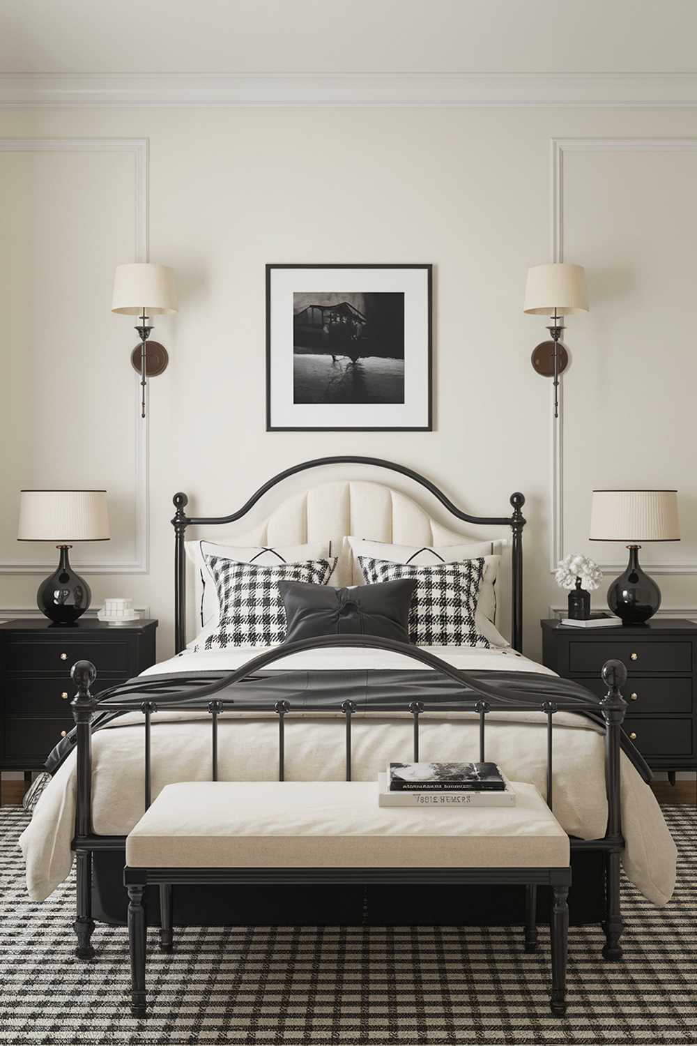 A black and cream bedroom design and decor. The room features a black metal bed frame with a cream upholstered headboard. A black bedside table on each side of the bed has a cream lamp and a black decorative object on top. The walls are painted cream, and a black picture frame is on the wall above the bed. The floor is covered with a black and white checkered rug.