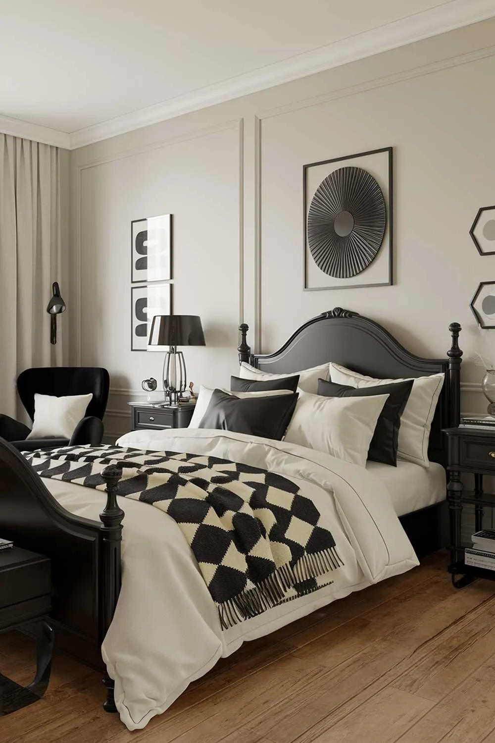 A black and cream bedroom design and decor. The room features a black bed with cream pillows and a black and cream patterned blanket. There is a black chair in the corner of the room. The walls are cream. There is a black lamp on the nightstand. The floor is made of wood.