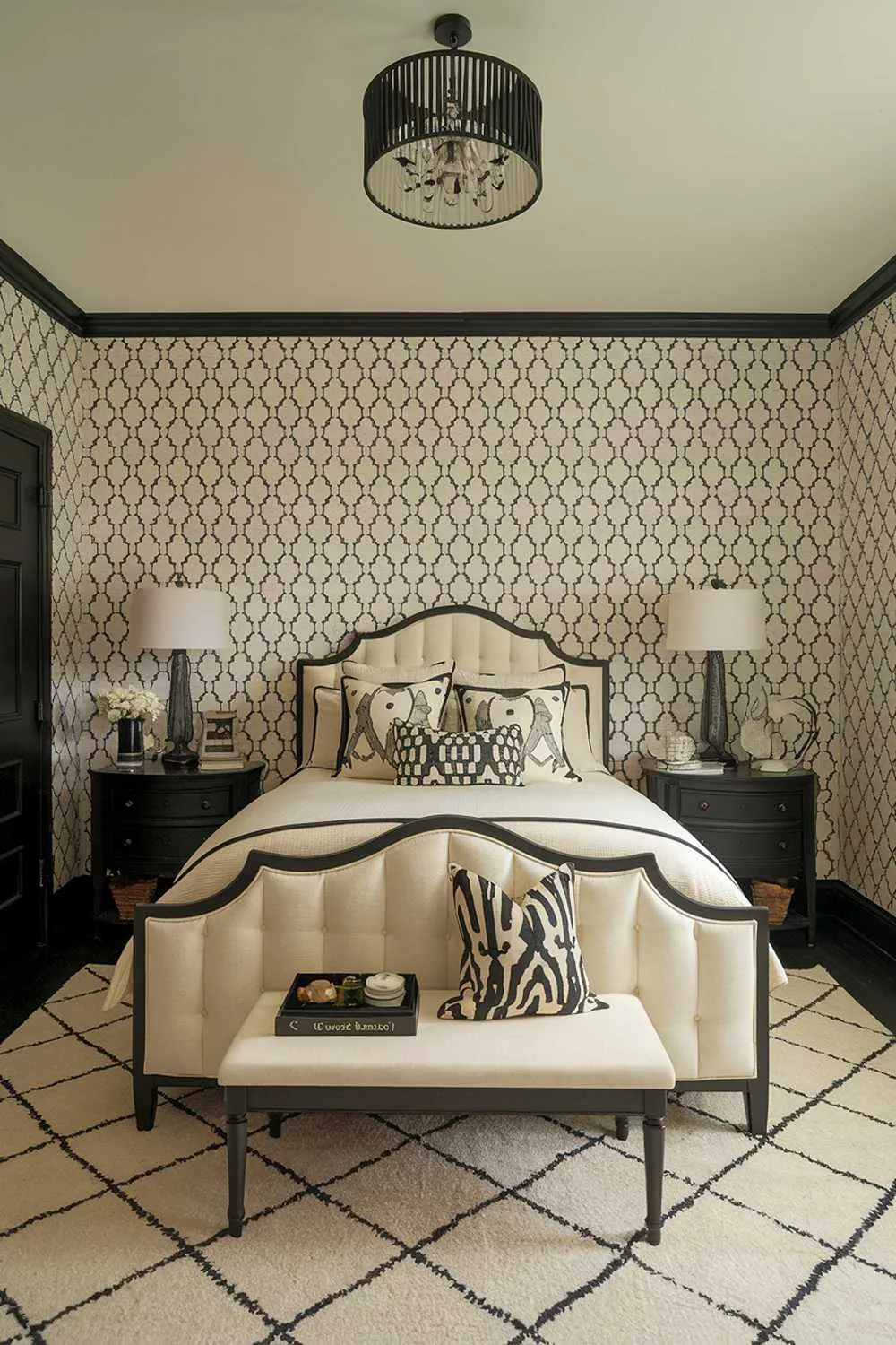 A black and cream bedroom with a stylish design. The room has a queen-size bed with a black frame and cream bedding. There's a black nightstand on one side of the bed with a cream lamp and a small decorative item. The wall behind the bed has a large black and white patterned wallpaper. The room has a cream area rug. The ceiling has a black chandelier. The room has a black door.