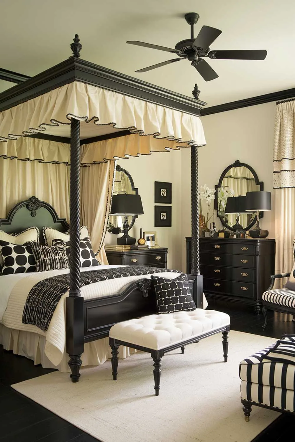 A black and cream bedroom design and decor. The room has a black four-poster bed with cream curtains. There is a black dresser with cream drawers and a cream lampshade on a black lamp. The walls are cream. The floor is black. There is a cream area rug in front of the bed. The room has a black chair in the corner and a cream ottoman at the foot of the bed. There is a black and cream patterned pillow on the bed. The room has a black ceiling fan.