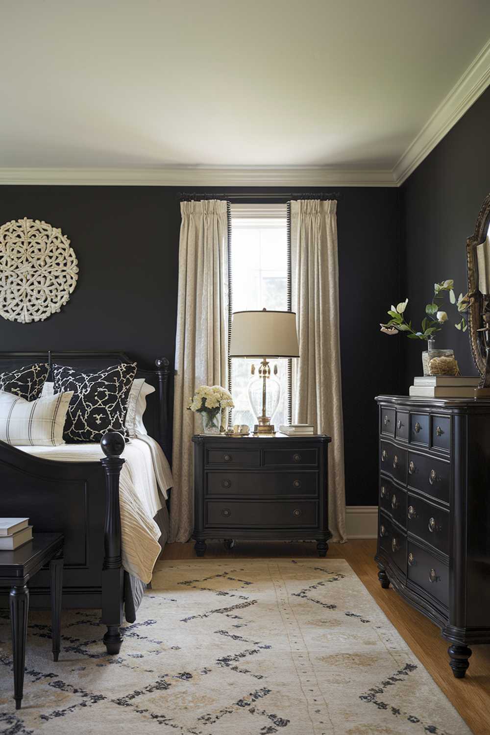 A black and cream bedroom design and decor. The room has a black furniture set, including a bed, a dresser, and a nightstand. There's a cream area rug beneath the bed. The walls are painted black. The ceiling and the lampshade on the nightstand are cream. There's a cream curtain near the window. The room has a vintage lamp on the dresser and a cream decorative piece on the wall.