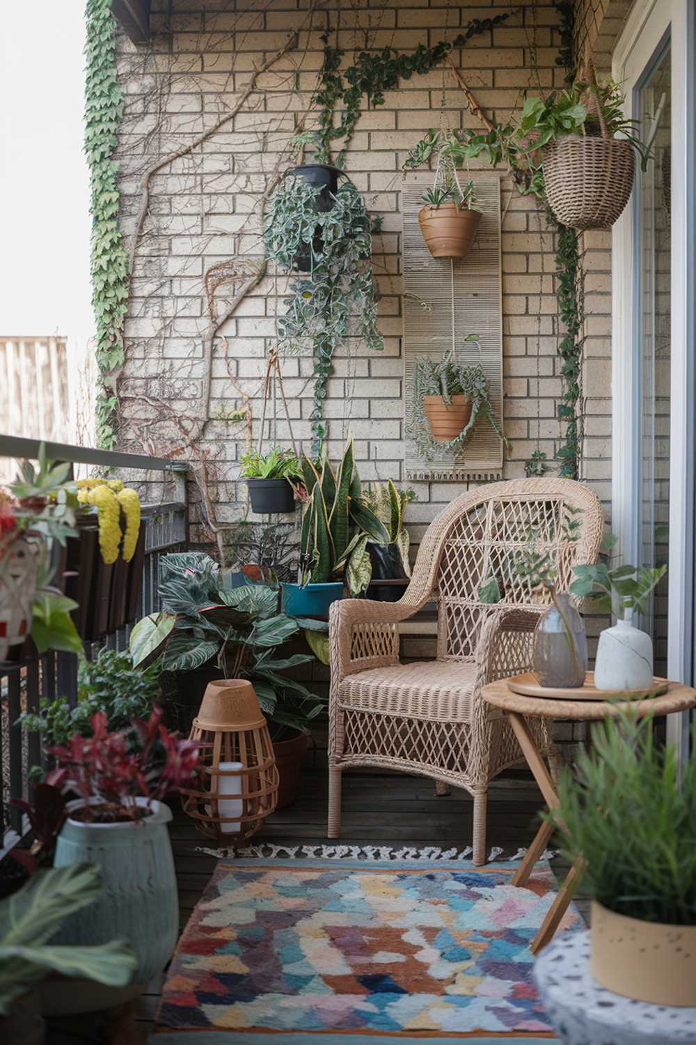 A cozy boho balcony design and decor. The balcony is filled with a variety of plants, including hanging baskets and potted plants. There is a wicker chair and a small wooden table. A colorful rug is placed on the floor. There are decorative items such as a lantern, a vase, and a wooden tray. The background contains a brick wall with ivy growing on it.