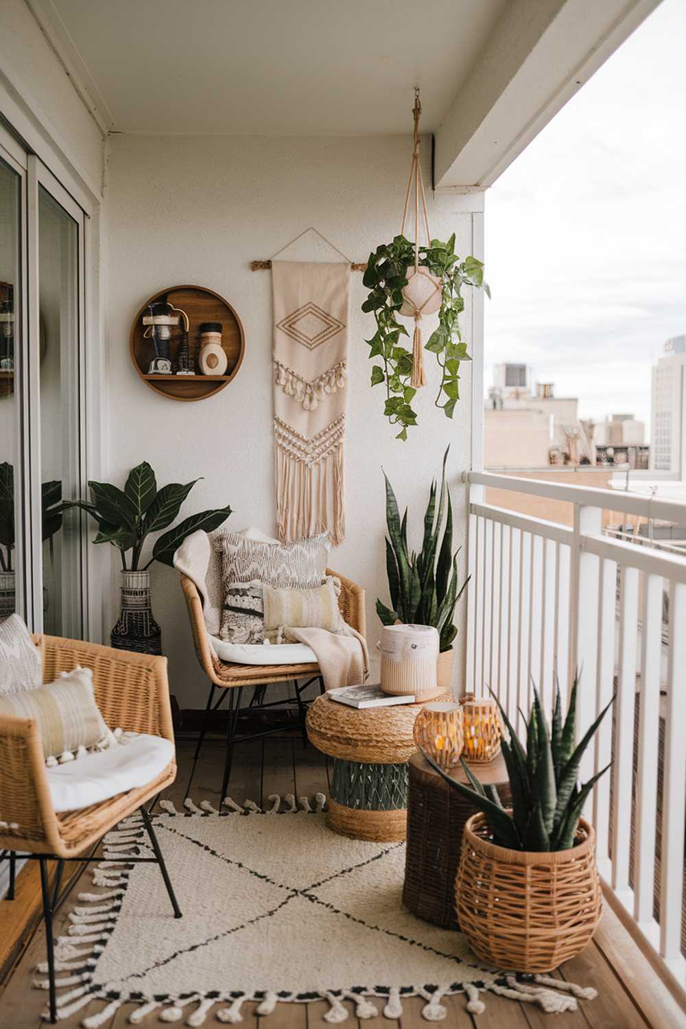 A cozy boho-style balcony decor with a rug, wicker furniture, plants, and decorative items. There's a hanging plant, a lantern, and a wooden tray with items on the wall. The railing is white, and the floor is made of wood. The background reveals a cityscape with buildings.