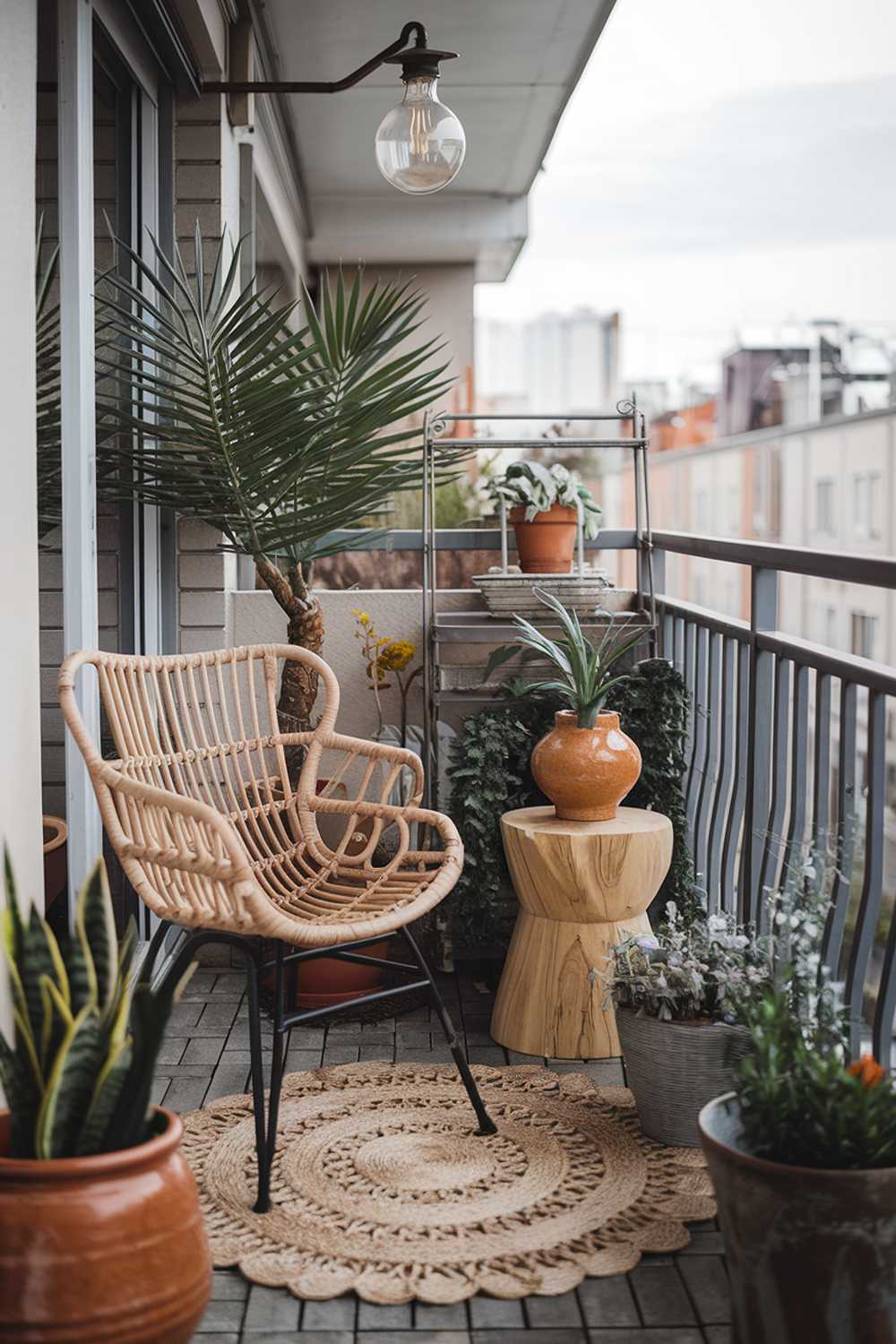 A highly detailed stylish cozy boho balcony decor with a woven rug, a rattan chair, a wooden stool, a plant stand, and various potted plants. There's a ceramic pot with a plant on the plant stand. The balcony has a vintage-style light fixture. The background reveals a cityscape with buildings.