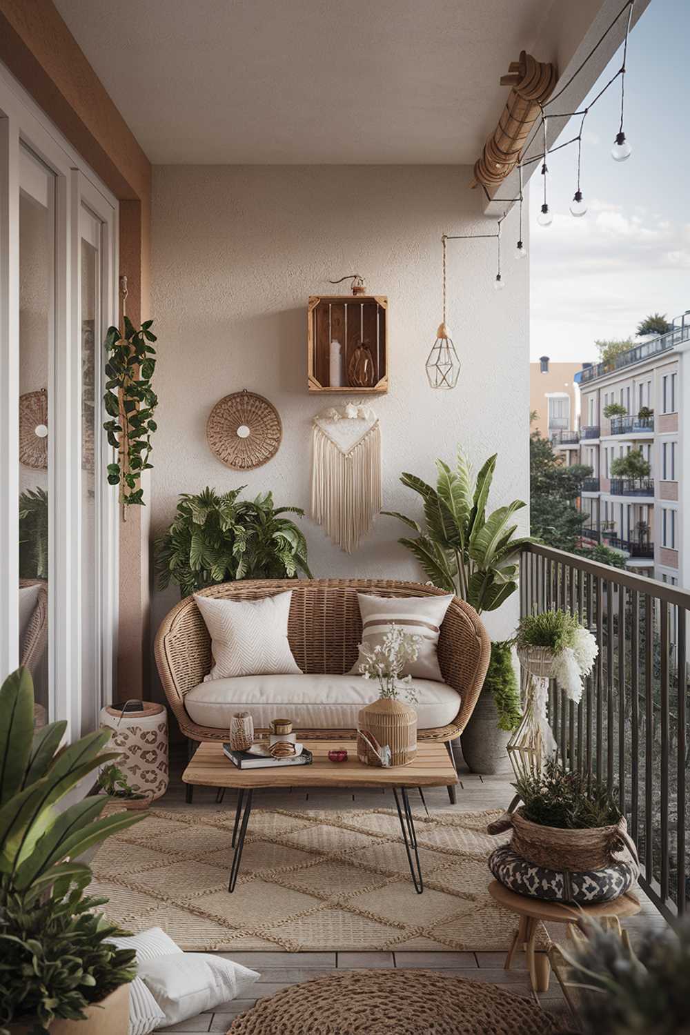 A boho balcony design and decor. The balcony is furnished with a wicker sofa, a wooden coffee table, and a few potted plants. There's a rug on the floor. The wall has a few decorative items such as a lantern and a wooden crate. The railing of the balcony has a few hanging decorations. The background reveals an urban setting with buildings.