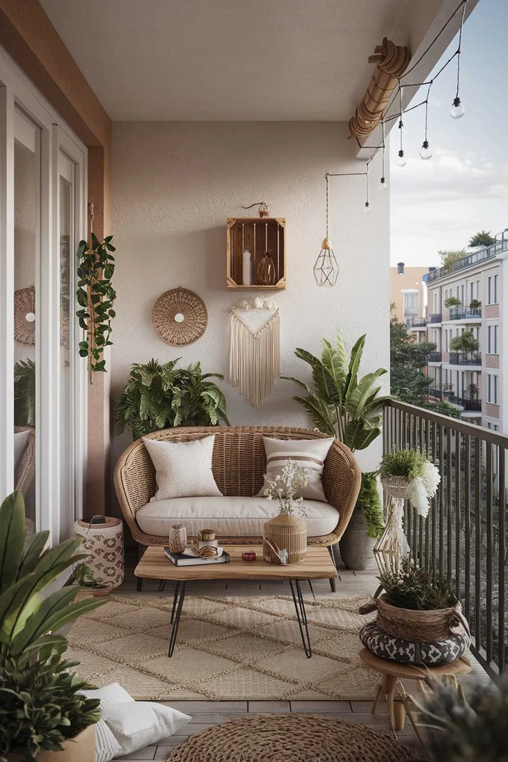 24 Beautiful Boho Balcony Ideas to Inspire Your Decor 4 A boho balcony design and decor. The balcony is furnished with a wicker sofa, a wooden coffee table, and a few potted plants. There's a rug on the floor. The wall has a few decorative items such as a lantern and a wooden crate. The railing of the balcony has a few hanging decorations. The background reveals an urban setting with buildings.