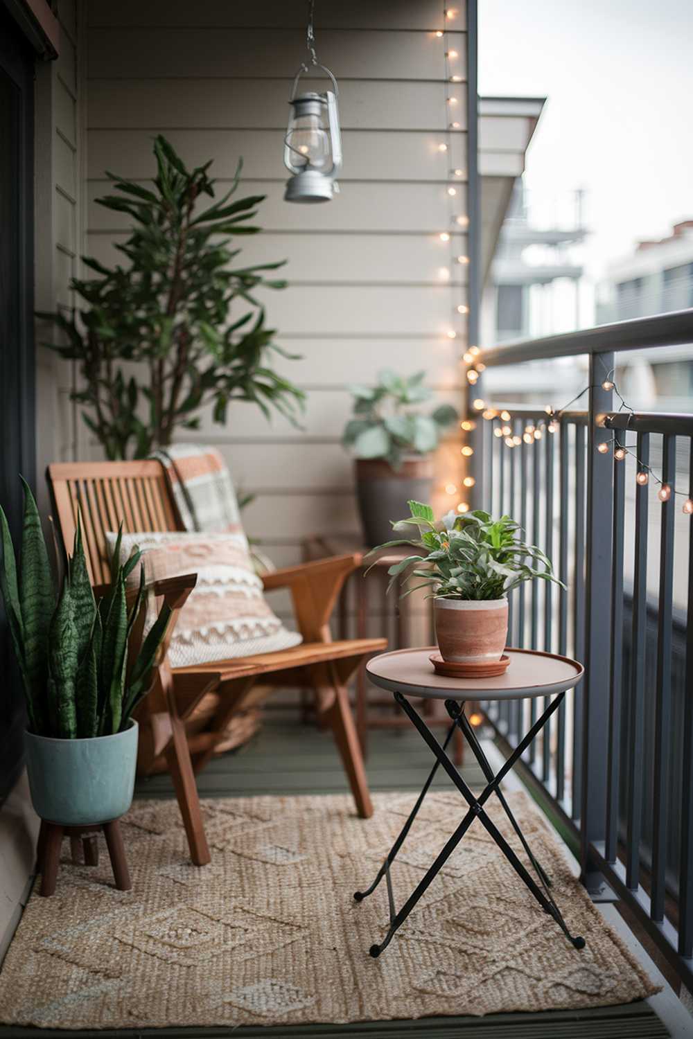 A cozy balcony with a boho decor. There is a wooden chair and a table with a potted plant. There's a rug on the floor. There's a hanging lantern above the table. There's a string of lights wrapped around the balcony railing. There's a potted plant next to the chair.