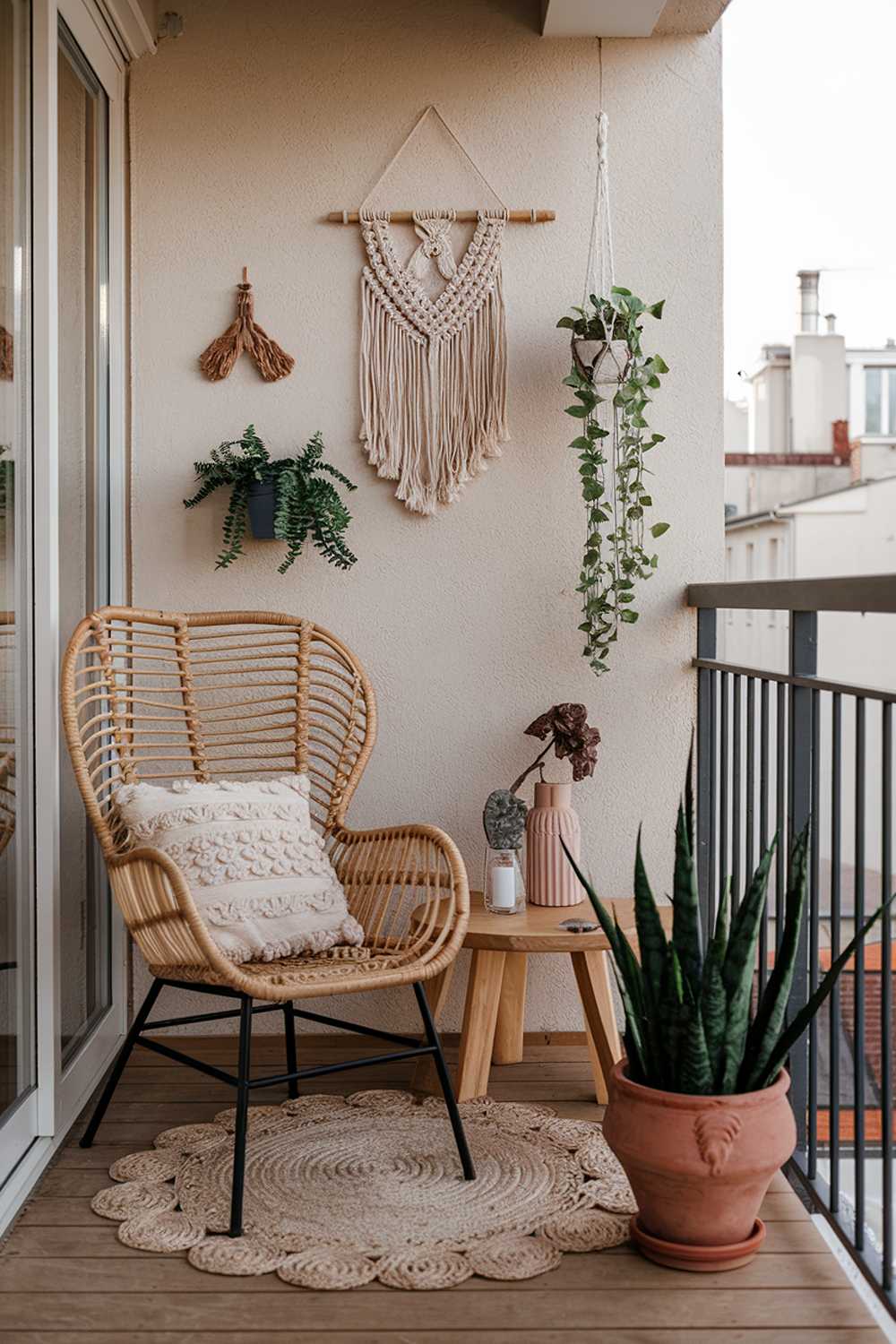 A cozy boho balcony design with a rattan chair, a small wooden table, and a few decorative items. There's a plant in a terracotta pot on the floor. The wall has a few hanging items, including a macrame wall hanging and a few potted plants. The balcony floor is made of wood. The background reveals a cityscape with buildings.