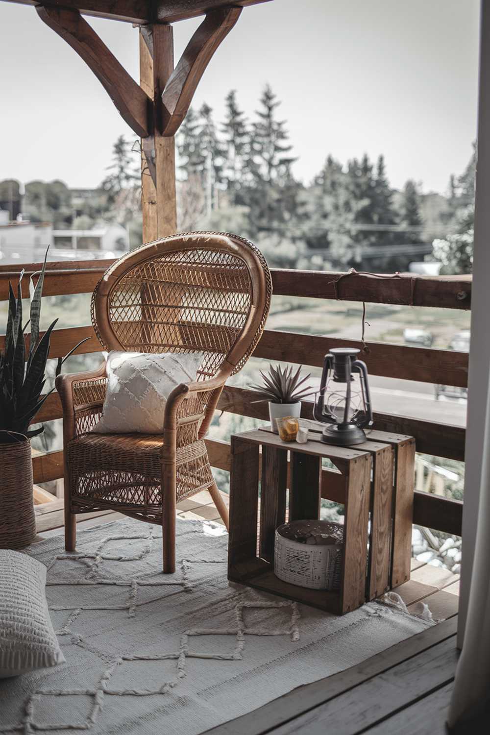 A balcony with a rustic wooden railing. The balcony has a vintage wicker chair, a wooden crate turned into a side table, and a few decorative items, such as a lantern, a plant, and a few throw pillows. The background reveals a serene landscape with trees and buildings. The lighting is soft.