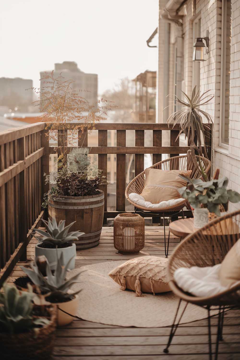 A boho balcony with a rustic wooden railing. The balcony has a few chairs and a table. Potted plants are scattered around, including a large one in a wooden barrel. There are also a few decor items, such as a wicker basket, lantern, and throw pillows. The background reveals a cityscape with buildings. The overall image has a warm, golden hue.
