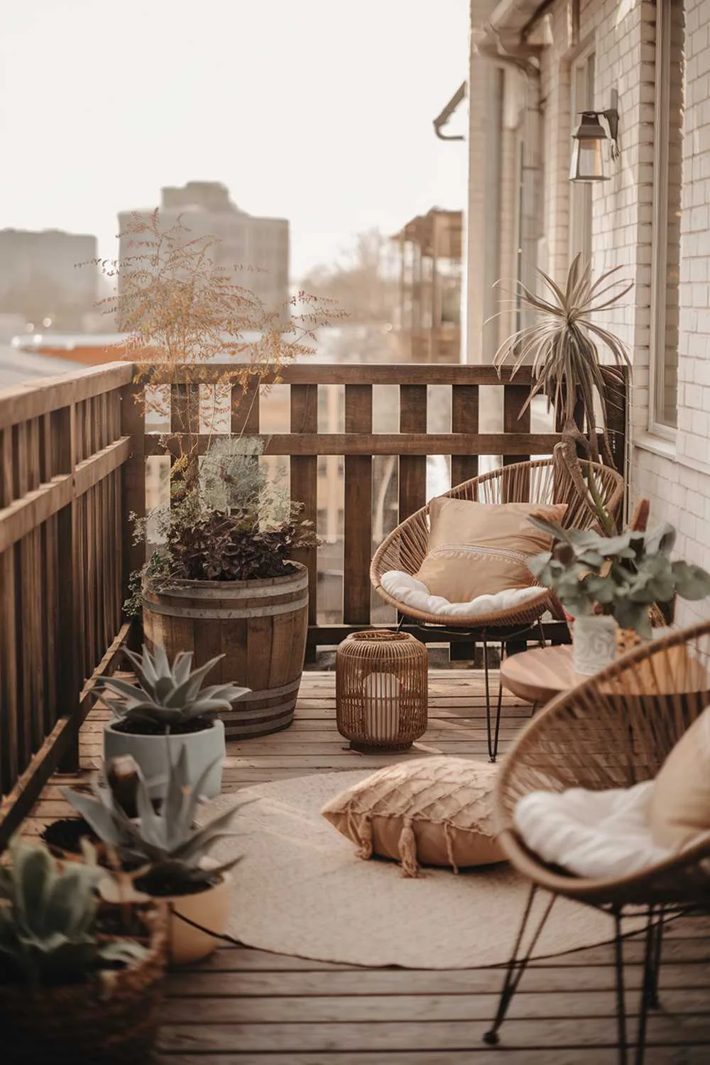 24 Beautiful Boho Balcony Ideas to Inspire Your Decor 8 A boho balcony with a rustic wooden railing. The balcony has a few chairs and a table. Potted plants are scattered around, including a large one in a wooden barrel. There are also a few decor items, such as a wicker basket, lantern, and throw pillows. The background reveals a cityscape with buildings. The overall image has a warm, golden hue.