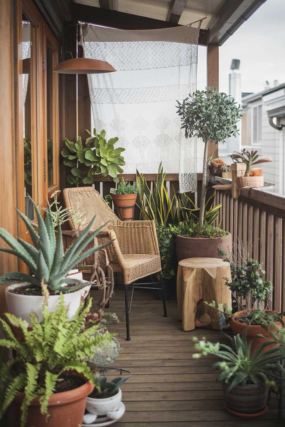 A cozy boho-style balcony with a wooden railing. The balcony is adorned with various plants in pots, including ferns, succulents, and a small tree. There's a wicker chair and a wooden stool. A white lace curtain hangs from the railing. The floor is made of wooden planks.