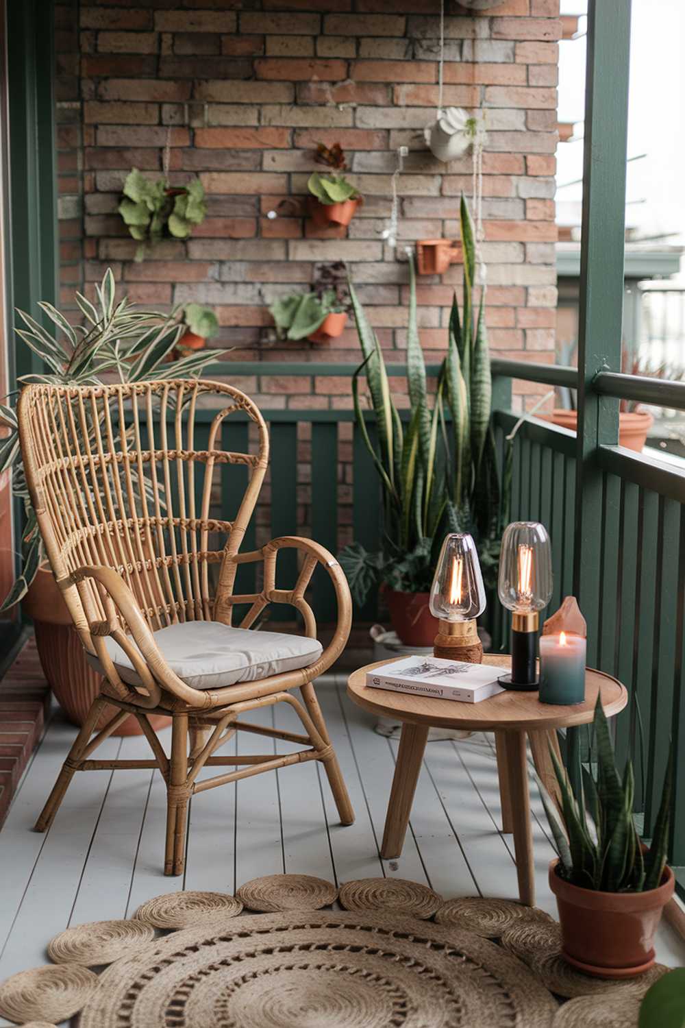 A balcony with a rattan chair, a wooden table, and potted plants. The balcony has a white floor and is surrounded by a green railing. There is a woven rug on the floor. The wooden table has a few items, including a vintage lamp, a candle, and a book. The rattan chair has a cushion. The potted plants add greenery. The background has a brick wall with some plants.