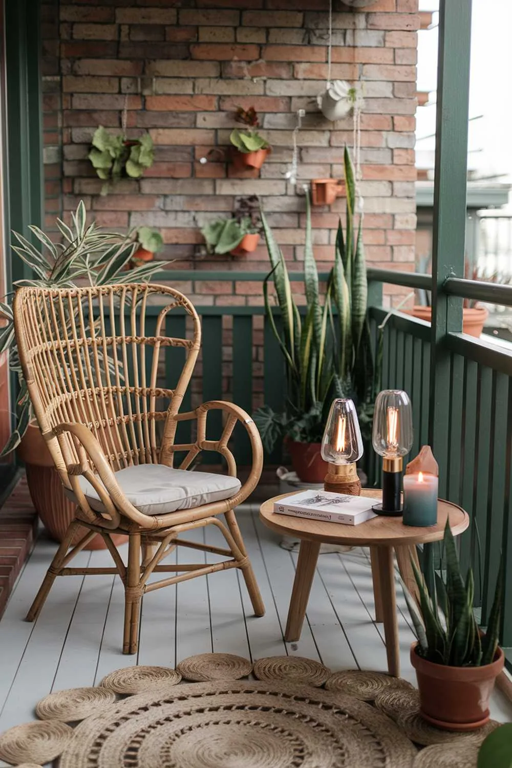 24 Beautiful Boho Balcony Ideas to Inspire Your Decor 10 A balcony with a rattan chair, a wooden table, and potted plants. The balcony has a white floor and is surrounded by a green railing. There is a woven rug on the floor. The wooden table has a few items, including a vintage lamp, a candle, and a book. The rattan chair has a cushion. The potted plants add greenery. The background has a brick wall with some plants.
