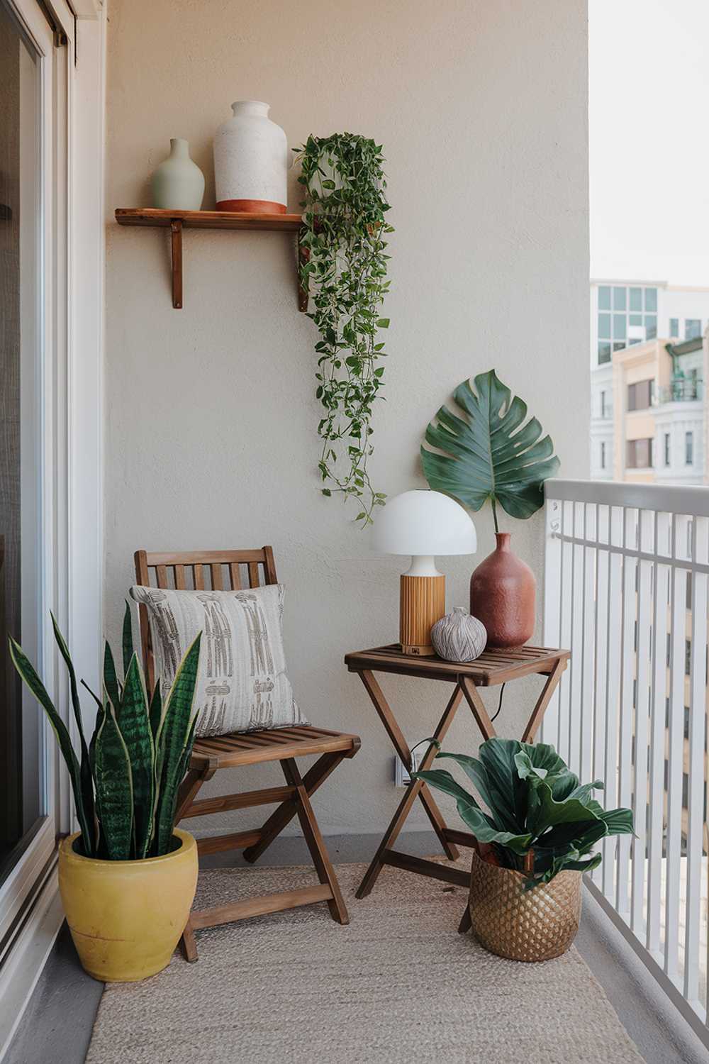 A balcony with a boho design and decor. There's a wooden chair and a small table on the balcony. The table has a white lamp, a green plant, a brown vase, and a yellow pot. There's a beige rug on the floor. The wall has a wooden shelf with a white vase and a green plant. The balcony has a white railing. The background reveals a cityscape with buildings.