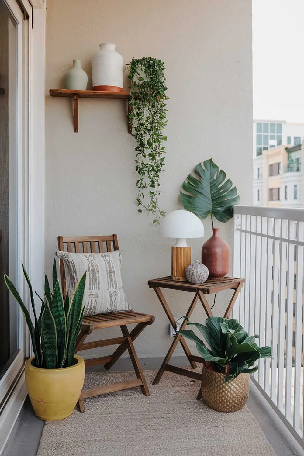 24 Beautiful Boho Balcony Ideas to Inspire Your Decor 11 A balcony with a boho design and decor. There's a wooden chair and a small table on the balcony. The table has a white lamp, a green plant, a brown vase, and a yellow pot. There's a beige rug on the floor. The wall has a wooden shelf with a white vase and a green plant. The balcony has a white railing. The background reveals a cityscape with buildings.