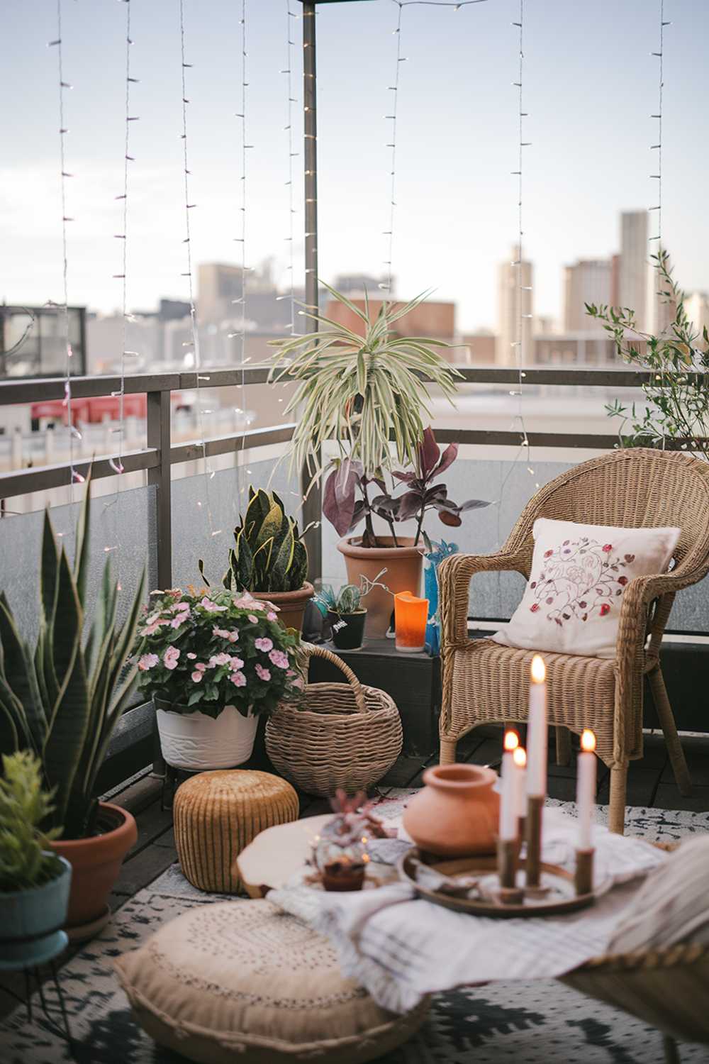 A balcony design and decor. There are various potted plants, a wicker chair, a wooden table, and a basket. There are also string lights wrapped around the balcony railing and hanging down. There are candles, a terra cotta pot, and a decorative pillow on the wooden table. The background reveals a city skyline with buildings.