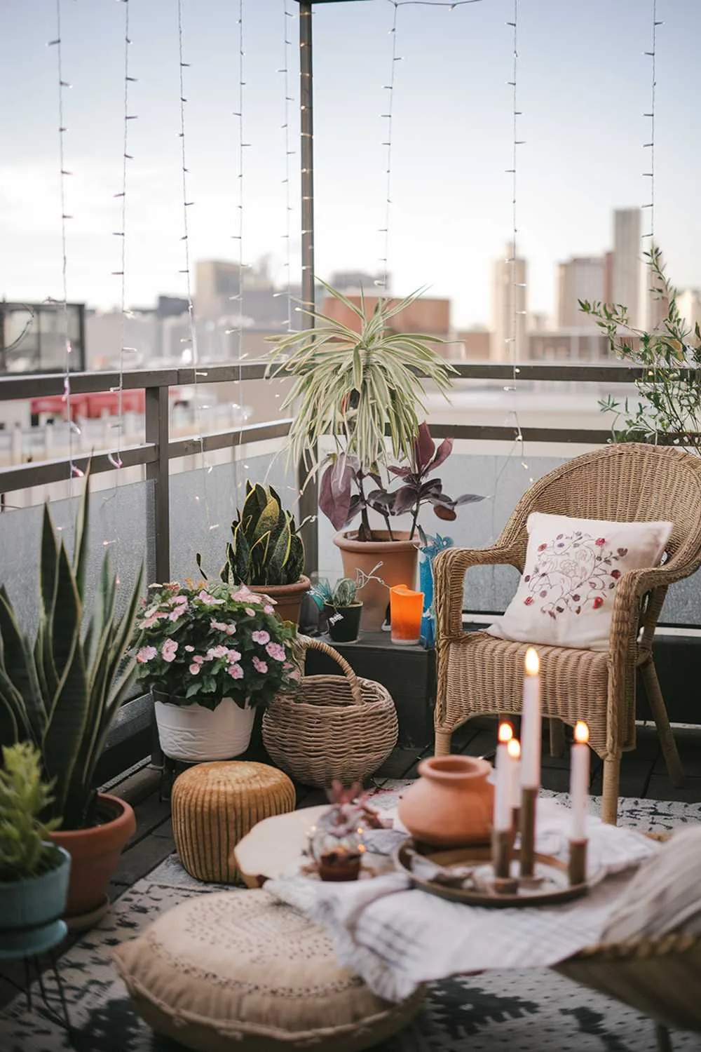 24 Beautiful Boho Balcony Ideas to Inspire Your Decor 12 A balcony design and decor. There are various potted plants, a wicker chair, a wooden table, and a basket. There are also string lights wrapped around the balcony railing and hanging down. There are candles, a terra cotta pot, and a decorative pillow on the wooden table. The background reveals a city skyline with buildings.