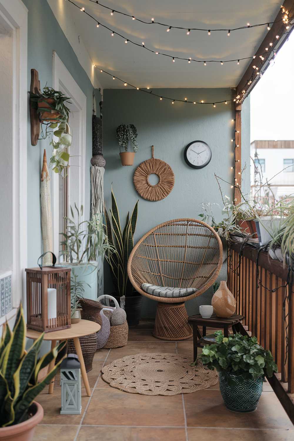 A balcony with a detailed design and decor. There are various plants, a large wicker chair, a small wooden table, and a few decorative items, such as a lantern, a vase, and a wall clock. The balcony has a wooden railing and a tile floor. The walls are painted a soft blue. The space is illuminated by fairy lights wrapped around the balcony railing and hanging from the ceiling.