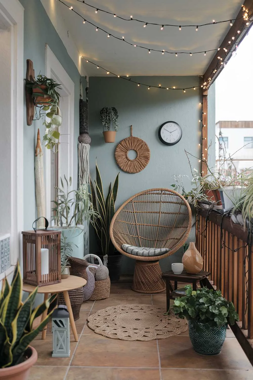 24 Beautiful Boho Balcony Ideas to Inspire Your Decor 13 A balcony with a detailed design and decor. There are various plants, a large wicker chair, a small wooden table, and a few decorative items, such as a lantern, a vase, and a wall clock. The balcony has a wooden railing and a tile floor. The walls are painted a soft blue. The space is illuminated by fairy lights wrapped around the balcony railing and hanging from the ceiling.