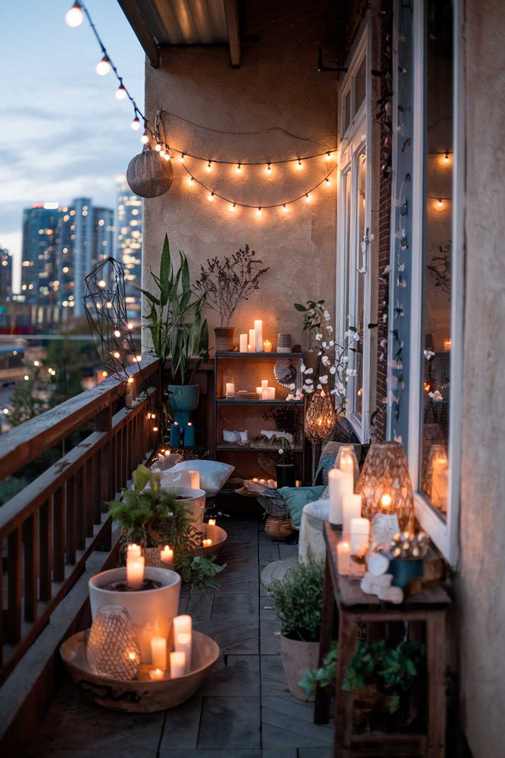 A balcony decor using lights at dusk. There are many potted plants, candles, and fairy lights. The balcony has a rustic wooden railing and a textured wall. The background reveals a city with tall buildings.