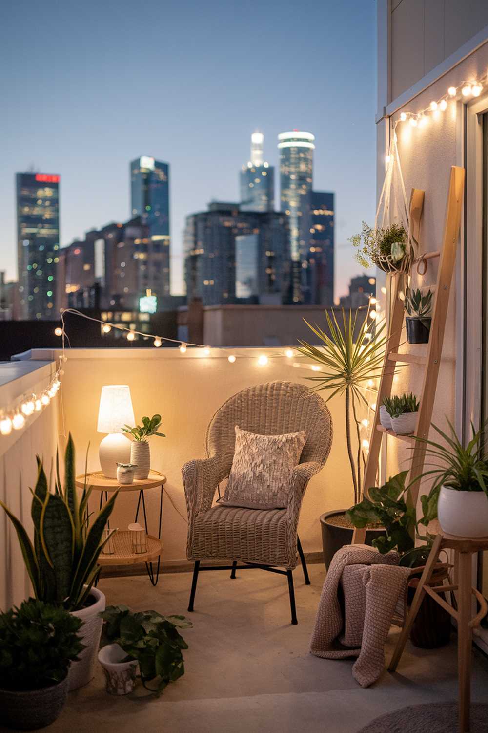 A balcony decor at dusk. There are various potted plants, a wicker chair, a wooden ladder, a plant hanger, and a small table with a lamp and a decorative item. The balcony is adorned with fairy lights. The background reveals a city skyline with tall buildings that are illuminated. The overall ambiance is serene and inviting.