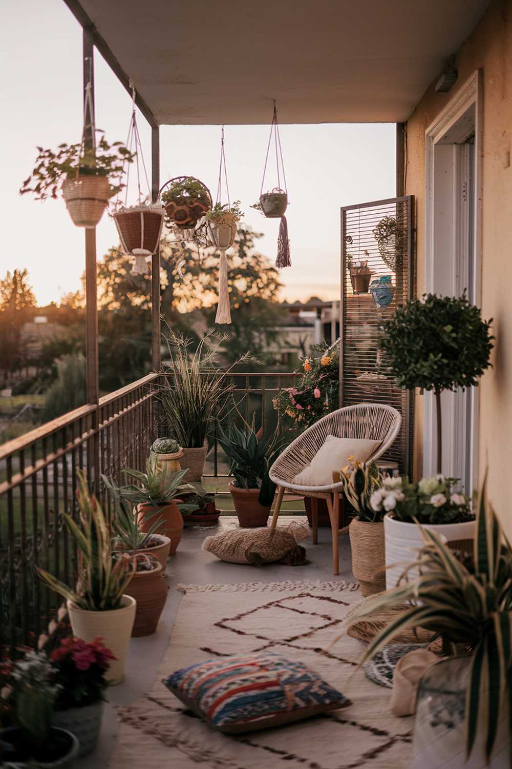 A balcony decor at dusk. The balcony is filled with a variety of plants, including hanging baskets, pots, and potted trees. There are also decorative items such as a wooden chair, a woven rug, and a few cushions. The balcony has a vintage-style railing. The background reveals a serene outdoor landscape with trees and buildings. The lighting is soft, with the warm glow of the setting sun.