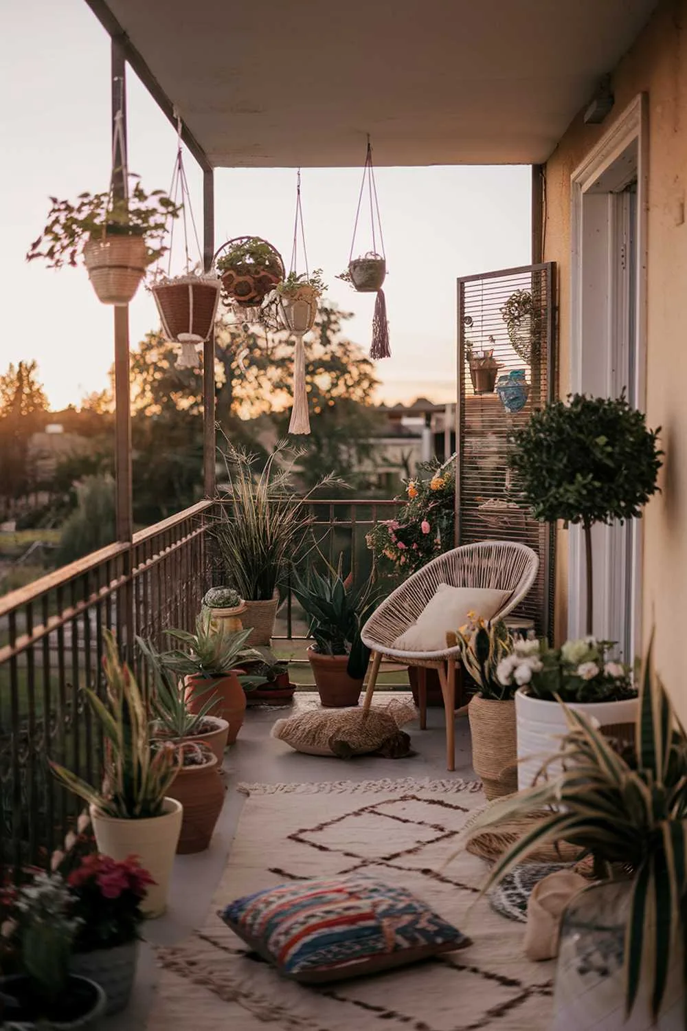 24 Beautiful Boho Balcony Ideas to Inspire Your Decor 16 A balcony decor at dusk. The balcony is filled with a variety of plants, including hanging baskets, pots, and potted trees. There are also decorative items such as a wooden chair, a woven rug, and a few cushions. The balcony has a vintage-style railing. The background reveals a serene outdoor landscape with trees and buildings. The lighting is soft, with the warm glow of the setting sun.