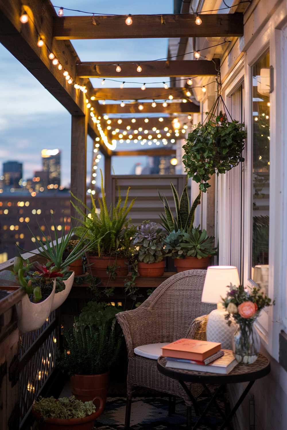 A balcony decor at dusk. There are strings of fairy lights wrapped around the wooden beams of the balcony. The balcony is adorned with a variety of potted plants, including succulents, ferns, and ivy. There is a wicker chair and a small table on the balcony. The table has a lamp, a vase with flowers, and a book. The background reveals a city skyline with buildings.