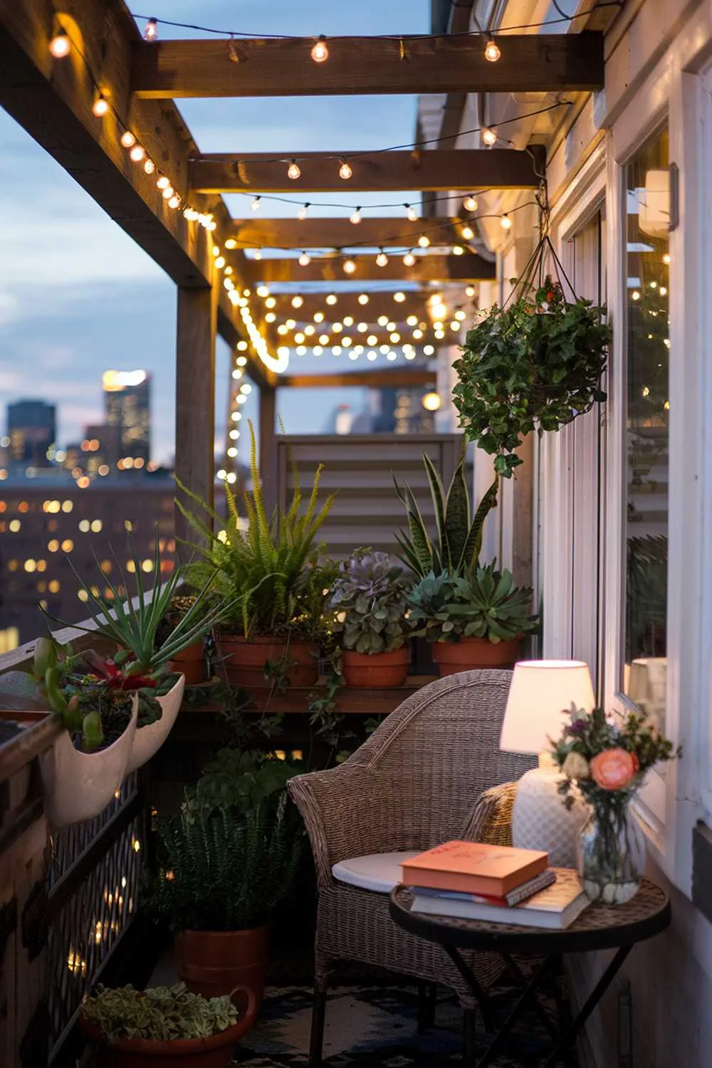 24 Beautiful Boho Balcony Ideas to Inspire Your Decor 17 A balcony decor at dusk. There are strings of fairy lights wrapped around the wooden beams of the balcony. The balcony is adorned with a variety of potted plants, including succulents, ferns, and ivy. There is a wicker chair and a small table on the balcony. The table has a lamp, a vase with flowers, and a book. The background reveals a city skyline with buildings.