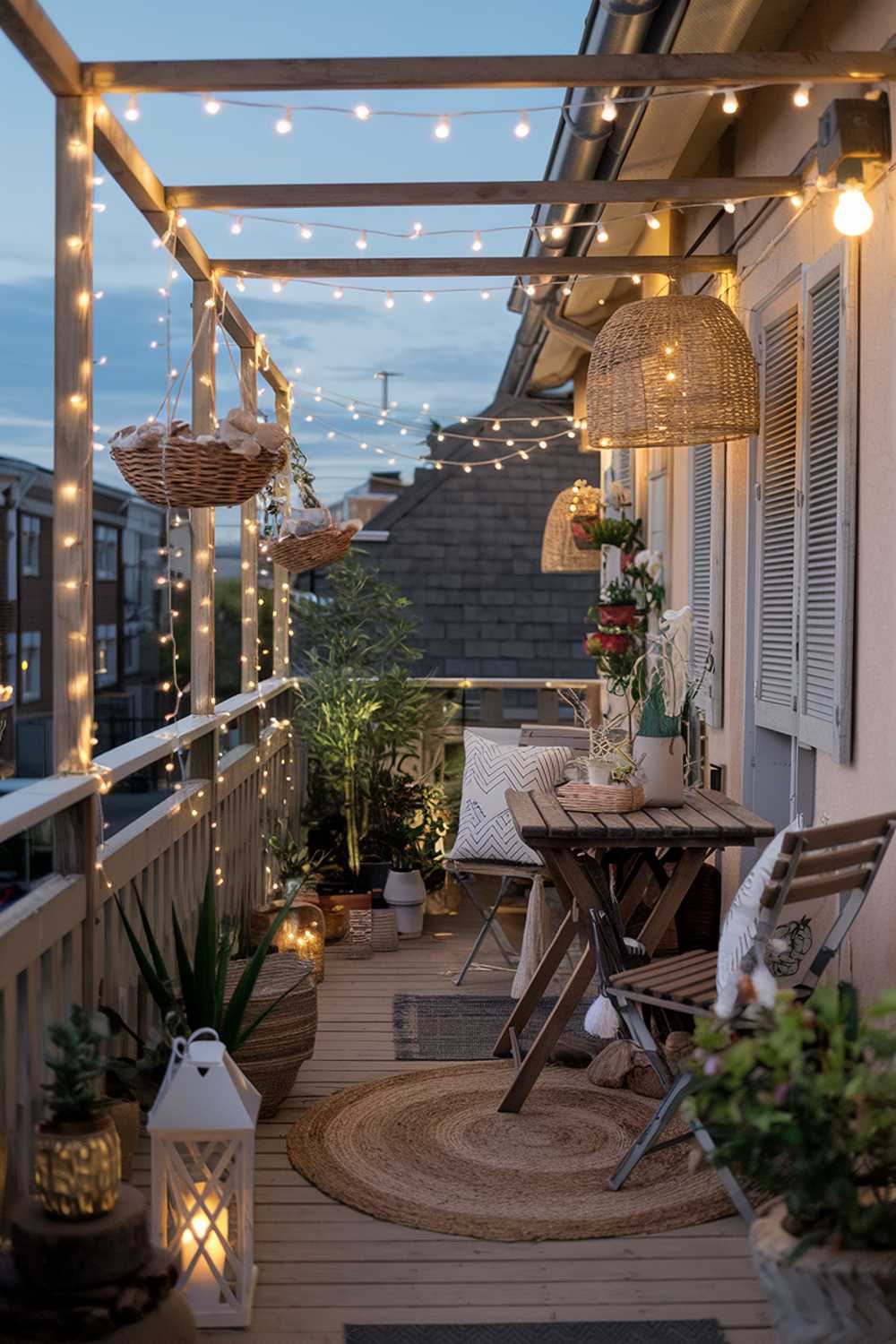 A boho balcony decor at dusk. There are strings of fairy lights wrapped around wooden beams and hanging baskets. The balcony has a rustic wooden table and chairs. A woven rug is placed on the floor. There are potted plants, a lantern, and decorative items scattered around. The background reveals a street with buildings