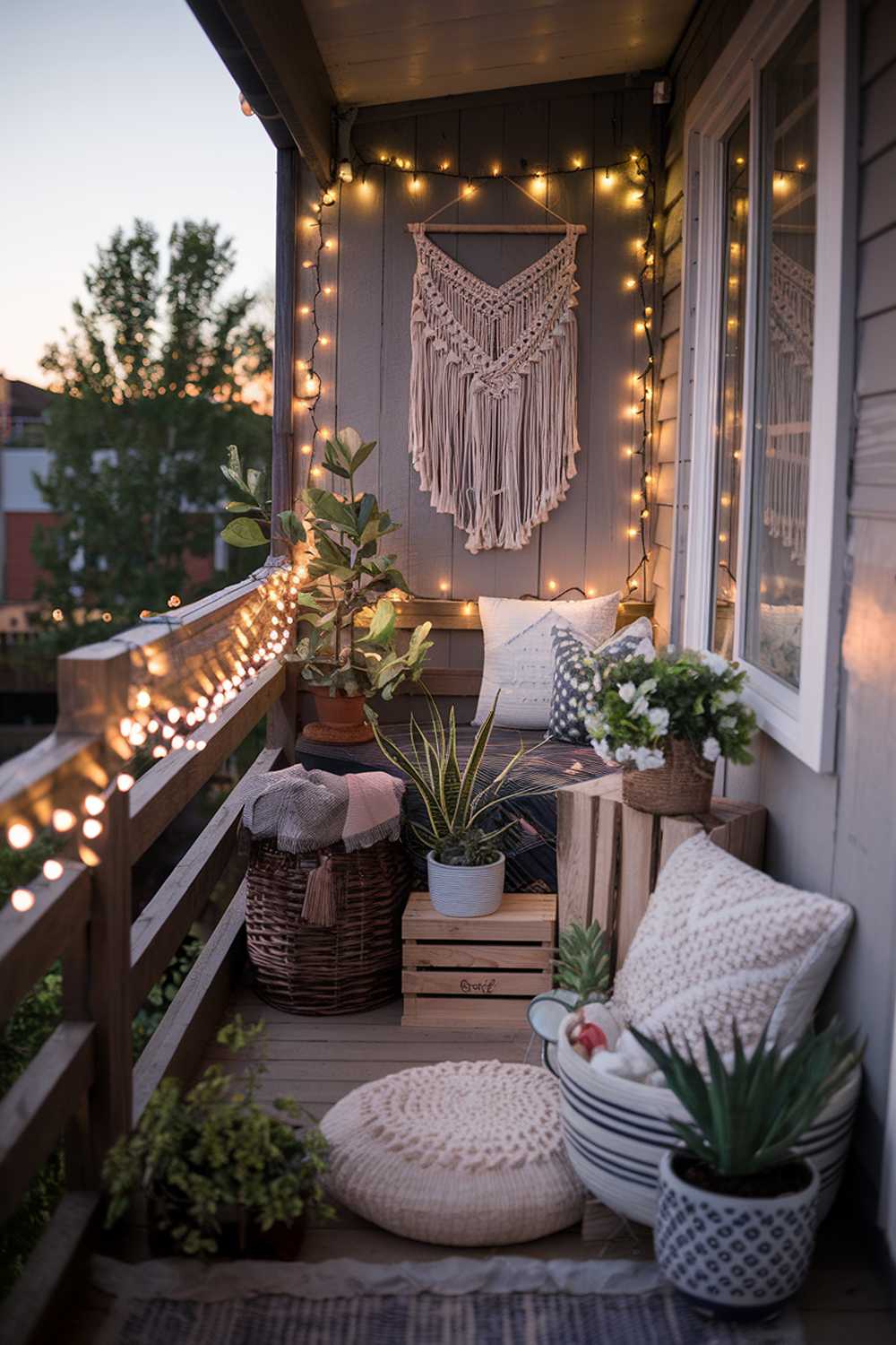 A boho balcony decor using lights at dusk. The balcony has a wooden railing and is filled with a variety of boho-chic decor items. There are multiple potted plants, a wicker basket, a wooden crate, a macrame wall hanging, and a few decorative pillows. The balcony is adorned with fairy lights and string lights, which are draped over the railing and wrapped around the plants. The background reveals a serene outdoor setting with trees and buildings.