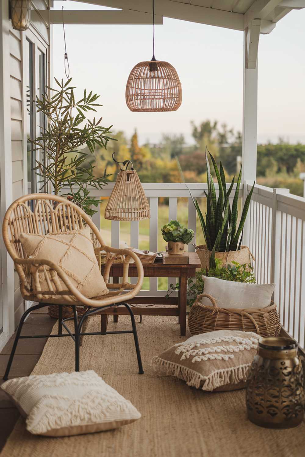 A balcony decor with a warm and cozy atmosphere. The balcony is adorned with a variety of items, including a rattan chair, a wooden table, a vintage lamp, a wicker basket, a plant, and decorative pillows. The background reveals a serene landscape with lush greenery. The lighting is soft.