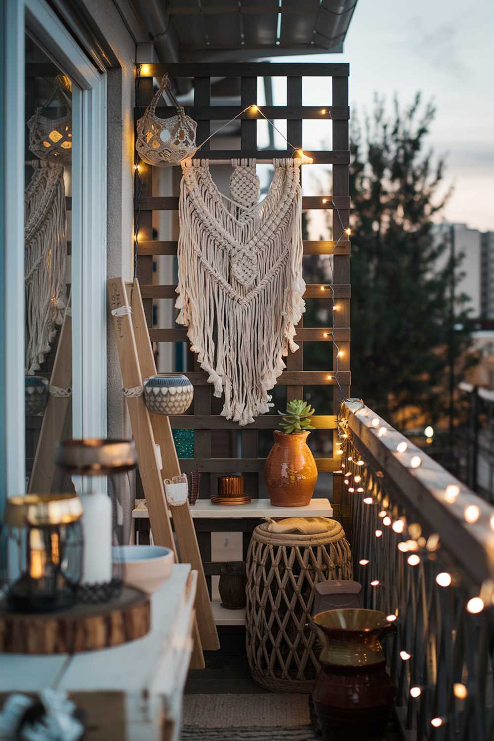  A cozy boho balcony decor using lights at dusk. The balcony is adorned with various boho-style elements, including a macrame wall hanging, a rattan basket, a ceramic pot with a succulent, and a wooden ladder. There are also a few decorative items, such as a brass candle holder, a wooden block, and a ceramic dish. The balcony is lit with a string of fairy lights wrapped around a wooden trellis. The background reveals a serene setting with trees and buildings.