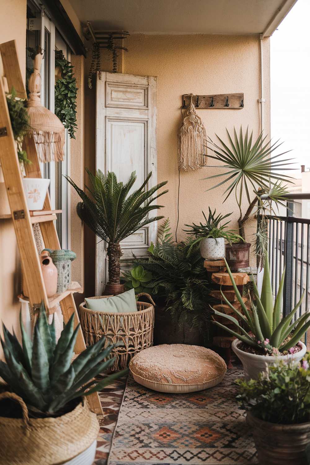 A boho balcony decorated with a warm and cozy ambiance. There are multiple plants of various sizes, including ferns, succulents, and palms. There's a woven basket with a cushion on the floor. A wooden ladder leans against the wall. There's a vintage lamp with a frayed rope. The wall has a vintage door and a few hooks. The floor has a patterned rug.