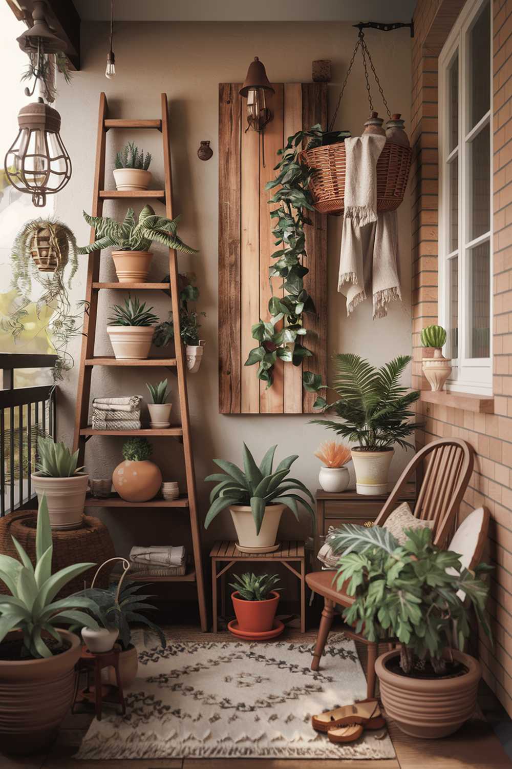 A warm and cozy boho balcony decor. There is a wooden ladder leaning against the wall, with a potted plant at the bottom. There are various potted plants of different sizes scattered around the balcony. There is a wicker basket hanging from the ceiling, filled with towels and a plant. The wall has a rustic wooden panel and a vintage lamp. There is a wooden chair in the corner. The floor has a textured rug. The background has a brick wall.