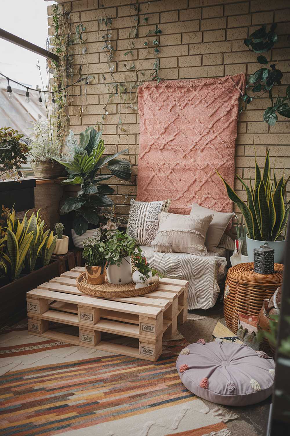 A balcony decor. There are various plants, a wooden pallet coffee table, a wicker basket, a bohemian-style rug, a few cushions, and a string of fairy lights. The background contains a brick wall with some climbing plants. The overall scene has a bohemian and rustic vibe.