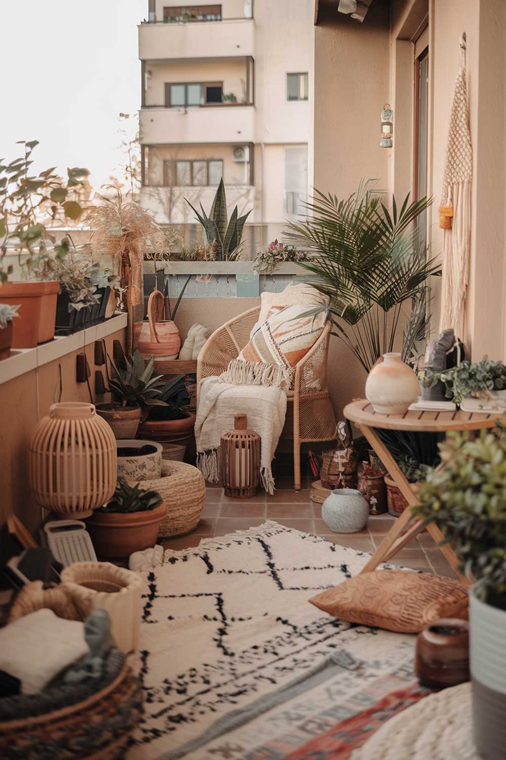 A balcony with a boho decoration