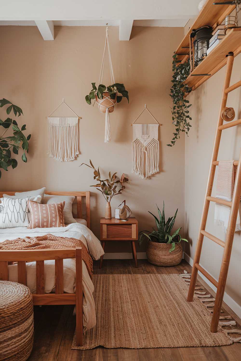 A cozy earthy bedroom with a high-quality photo of a room with a wooden bed, a woven rug, a wooden nightstand, and a few decorative items. The walls are painted beige and have a few hanging plants. There is a wooden ladder against the wall, leading to a shelf with books and a lantern. The floor is made of wood.