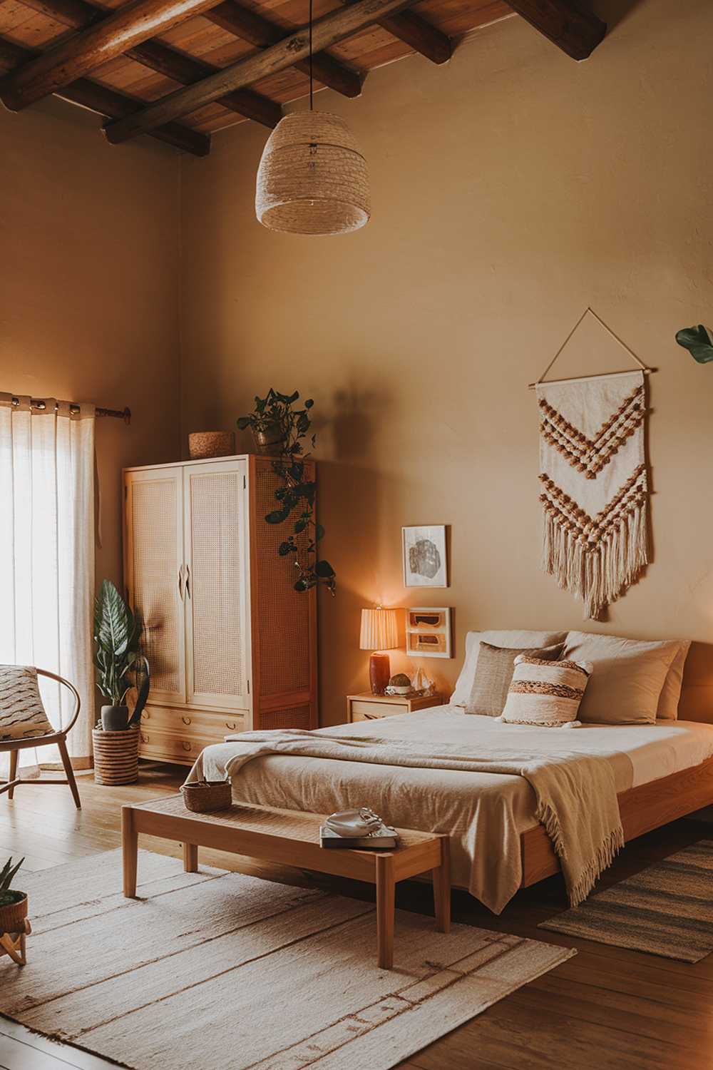 A cozy earthy bedroom with a high ceiling. The room has a wooden floor and is furnished with a wooden bed frame, a bedside table, a chair, and a wardrobe. The bed has a beige blanket and a few pillows. There are a few decorative items, including a lamp, a plant, and a wall hanging. The walls are painted in a warm beige color.