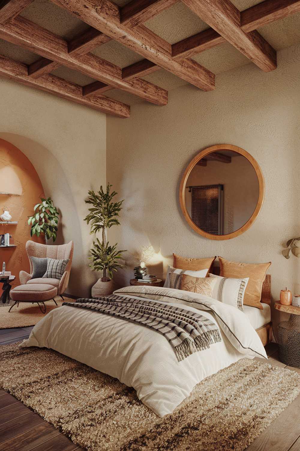 A cozy earthy bedroom with a wooden beam ceiling, a textured wall, and a plush rug. There's a queen-size bed with a white duvet and a variety of decorative pillows. On the wall above the bed, there's a large, round mirror in a wooden frame. There's a reading nook with a cozy chair and a small side table. The room has a few potted plants and a few decorative items. The room has a warm and inviting ambiance.